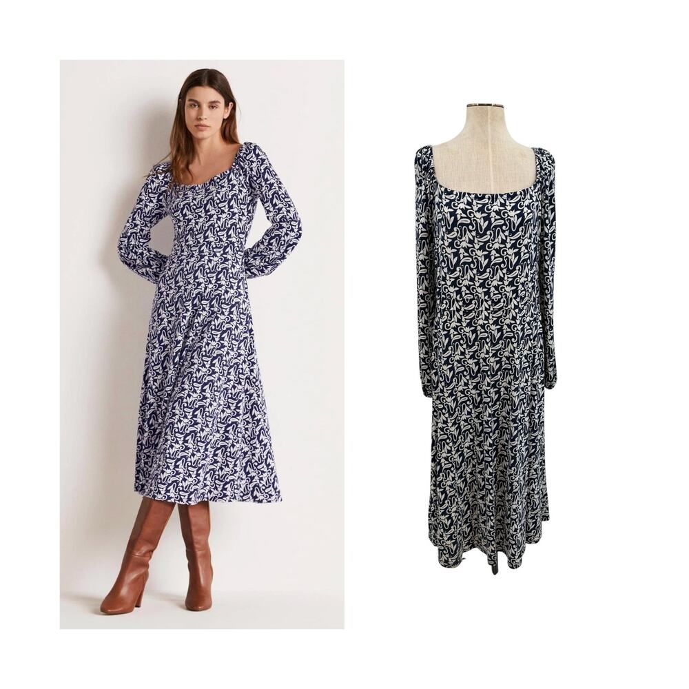 Boden Square Neck Jersey Midi Dress Navy Ivory Floral Scroll Print US 14R